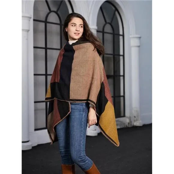 Women's Printed Shawl Wrap Fashionable Open Front Poncho Cape, - Picture 4 of 7